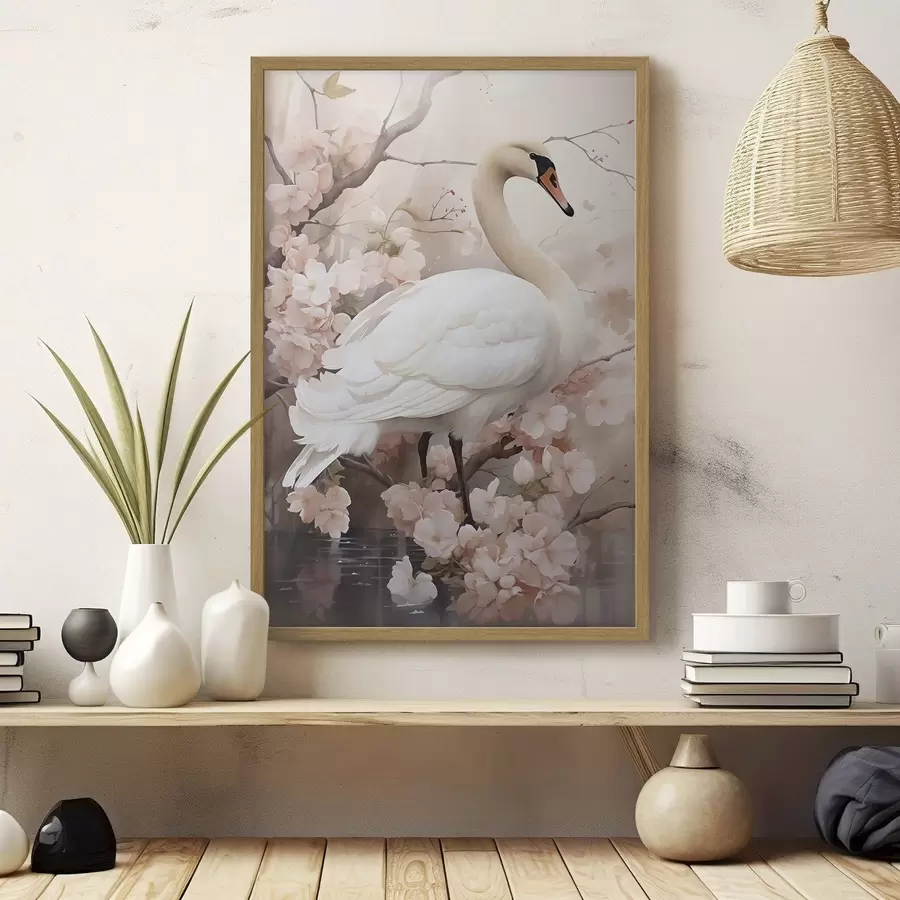 Fototapete Weißer Schwan im blühenden Garten f50743