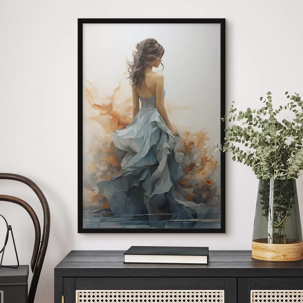 Poster Frau in einem wallenden blauen Kleid f50747