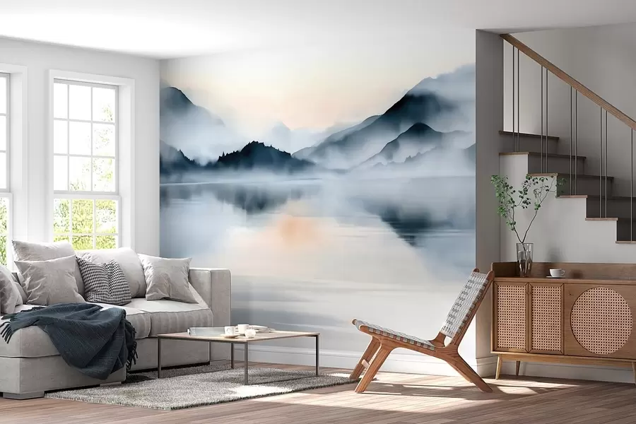 Fototapete Ein See vor dem Hintergrund nebelverhüllter Berge, im Aquarellstil w10078