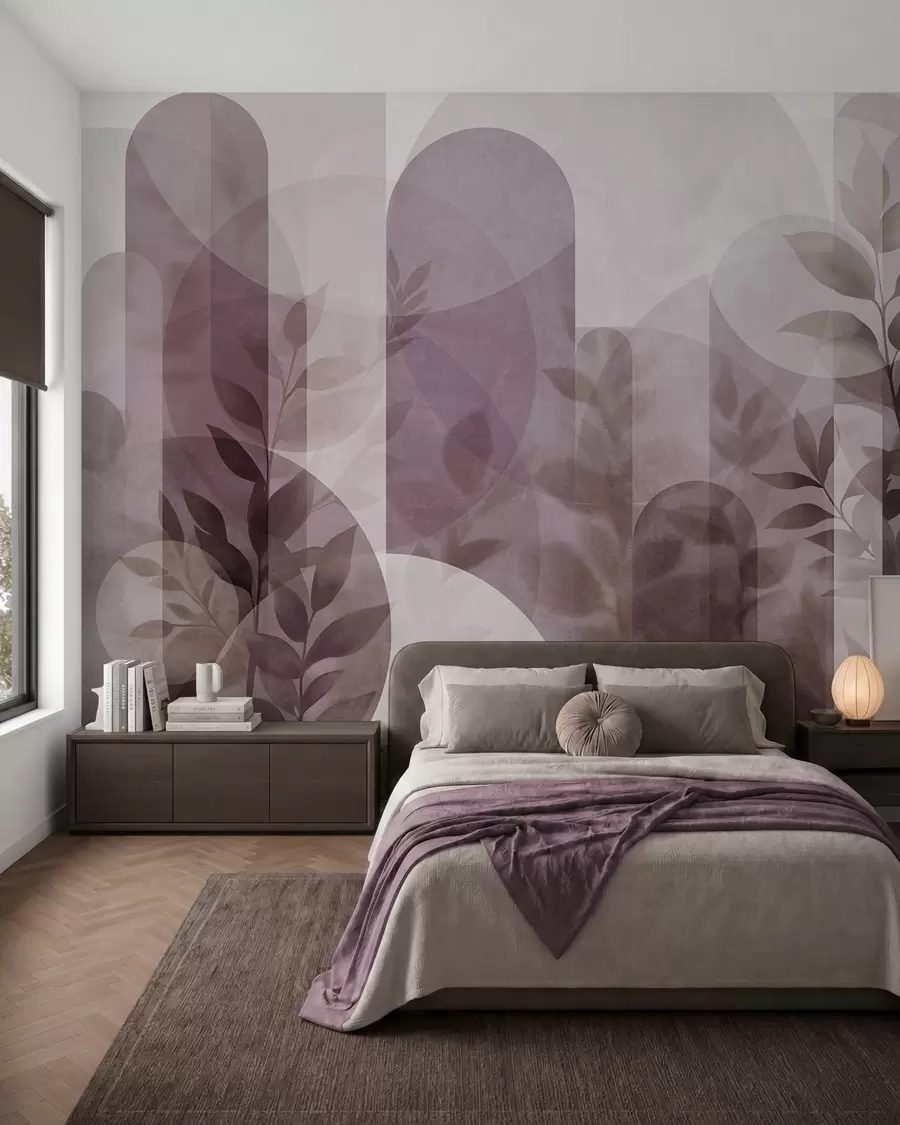Fototapete Abstrakte geometrische Elemente und zarte Blätter in dezentem Rosa w10088v2