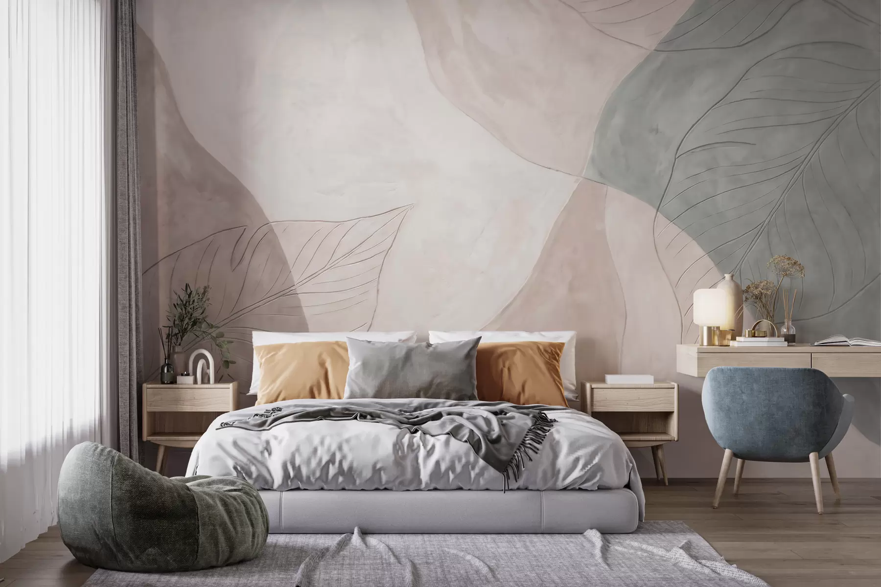 Fototapete Abstrakte botanische Komposition mit großen Blättern und organischen Formen in Beige-, Creme- und Grüntönen w10070