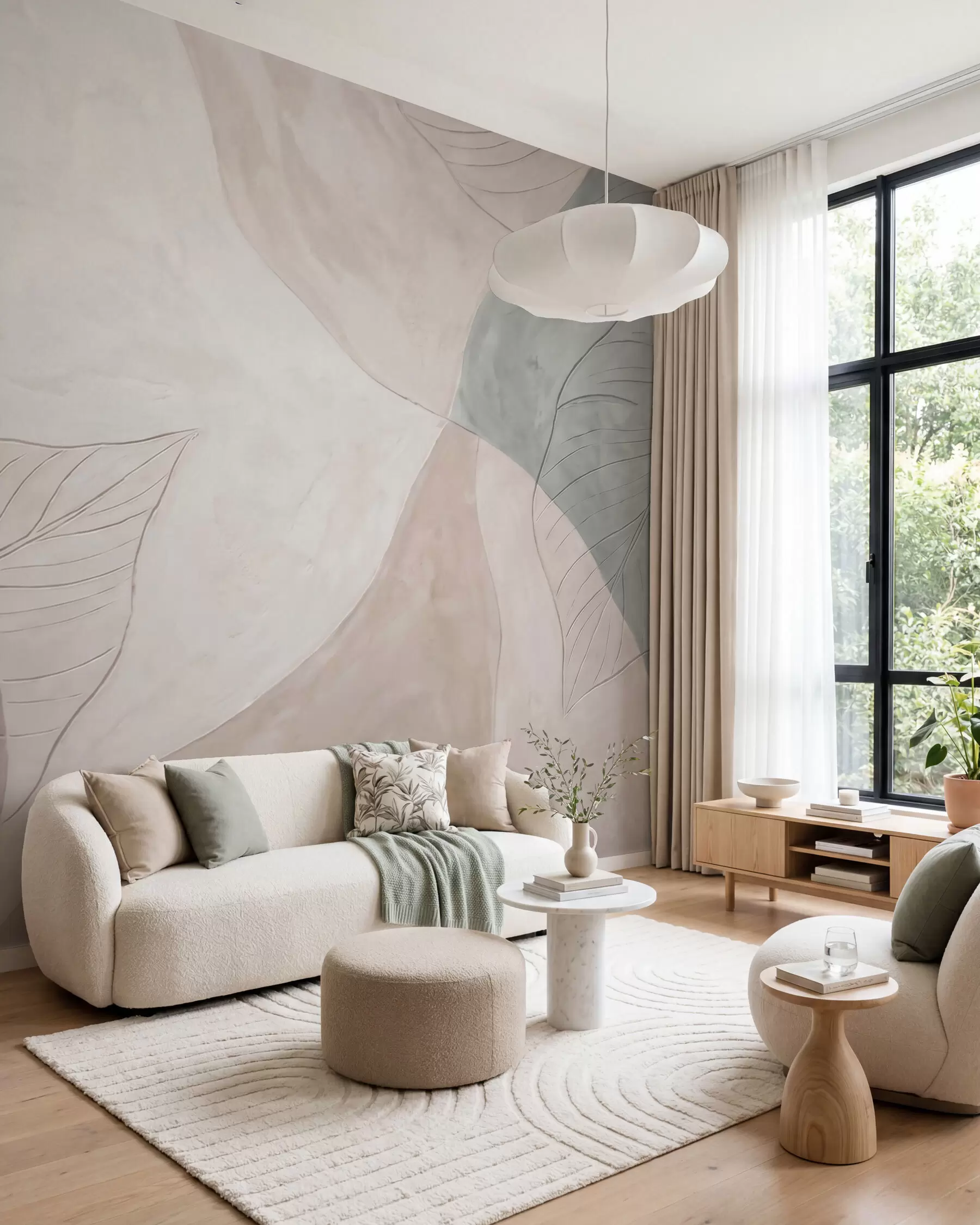 Fototapete Abstrakte botanische Komposition mit großen Blättern und organischen Formen in Beige-, Creme- und Grüntönen w10070
