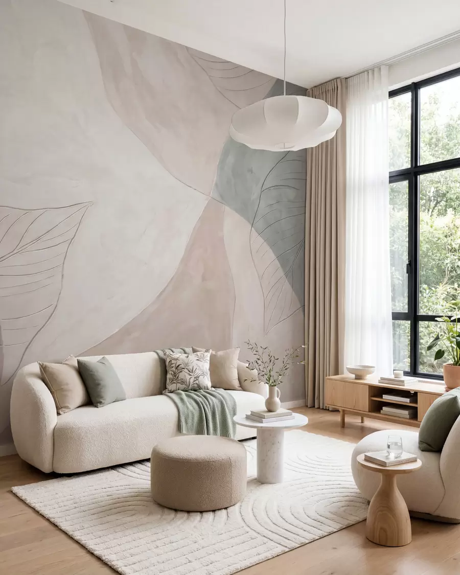 Fototapete Abstrakte botanische Komposition mit großen Blättern und organischen Formen in Beige-, Creme- und Grüntönen w10070