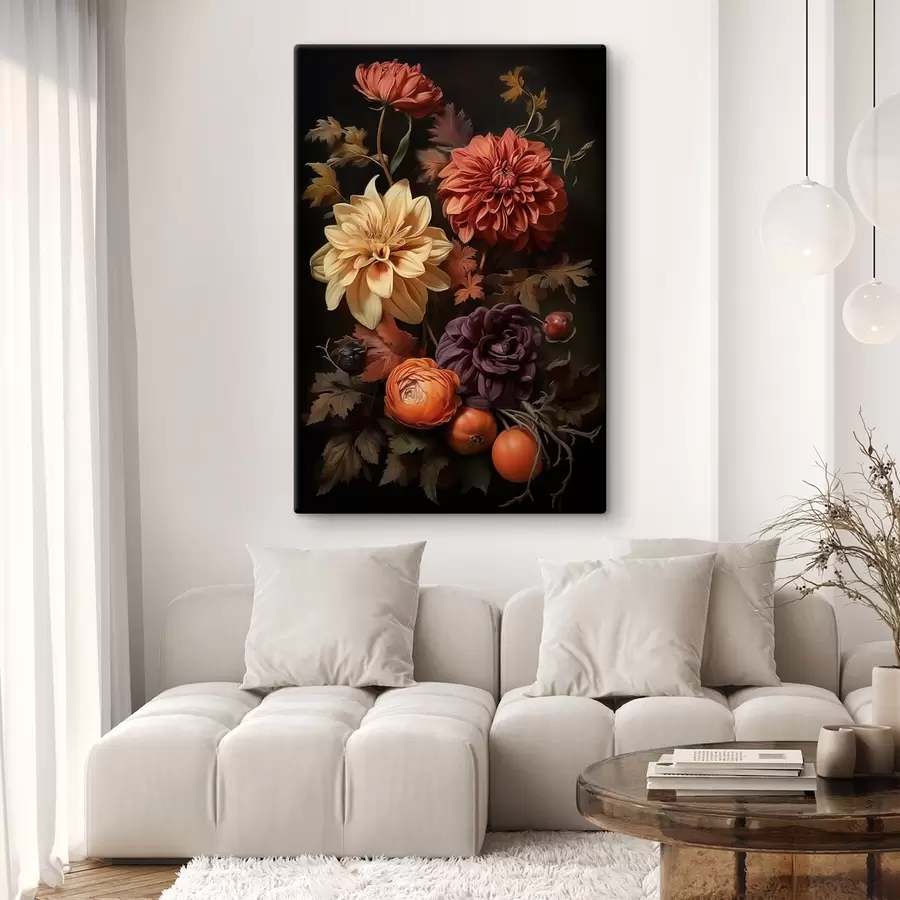 Fototapete Herbstdahlien auf dunklem Hintergrund s50909