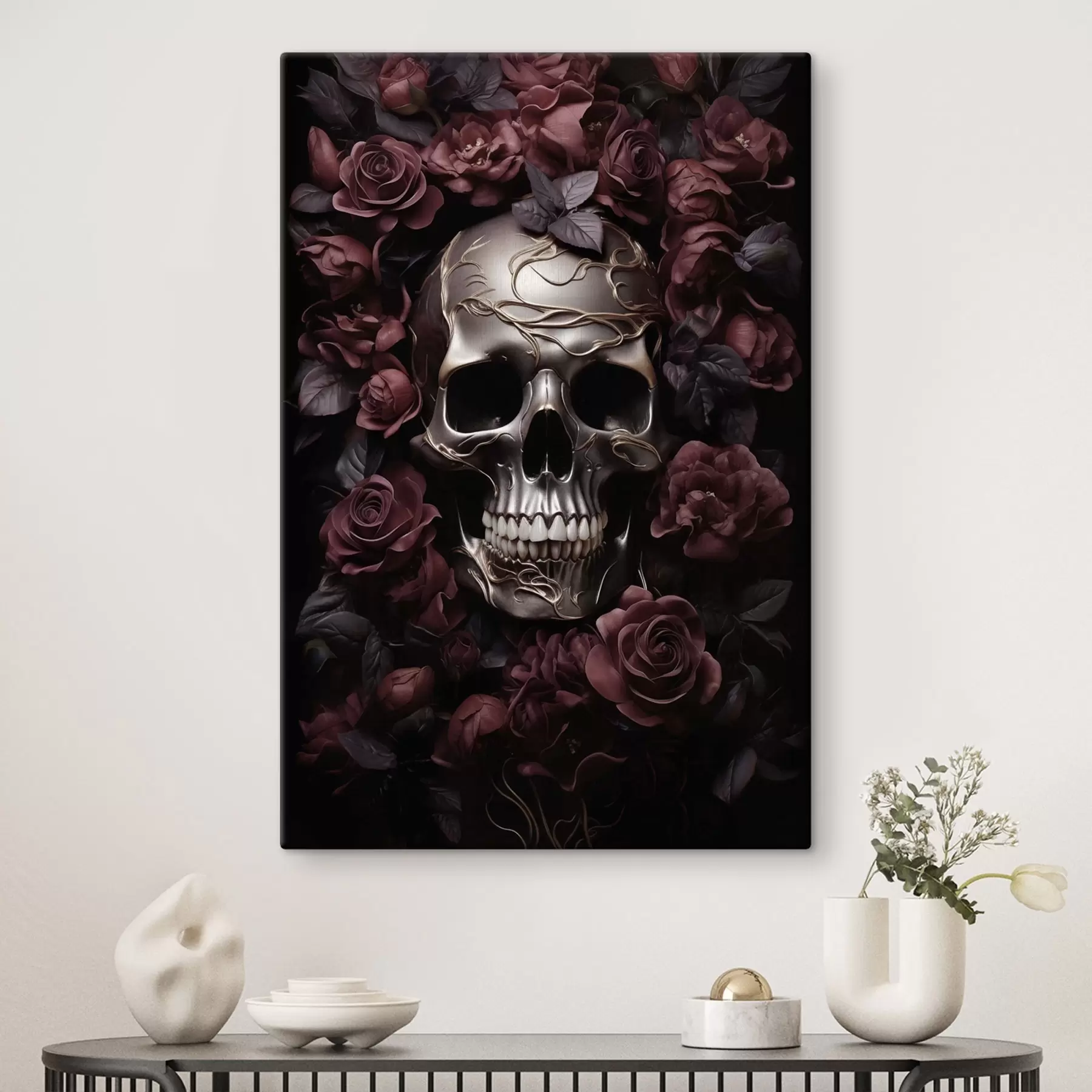Fototapete Totenkopf in Bordeauxrosen s50914
