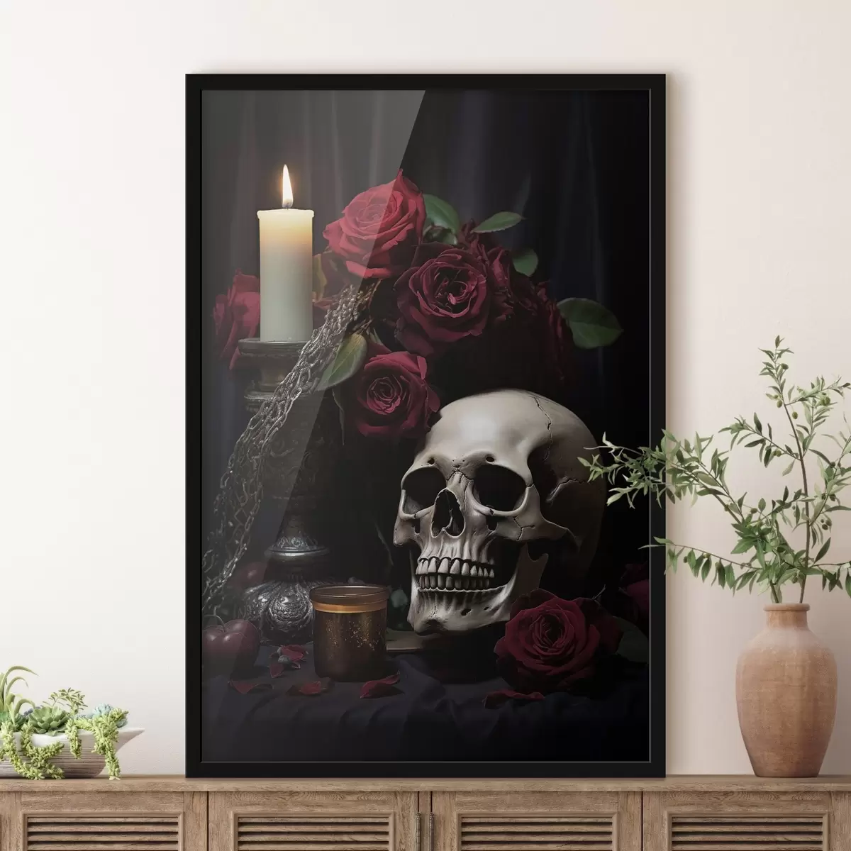 Poster Gotisches Stillleben mit Kerze und Totenschädel f50908