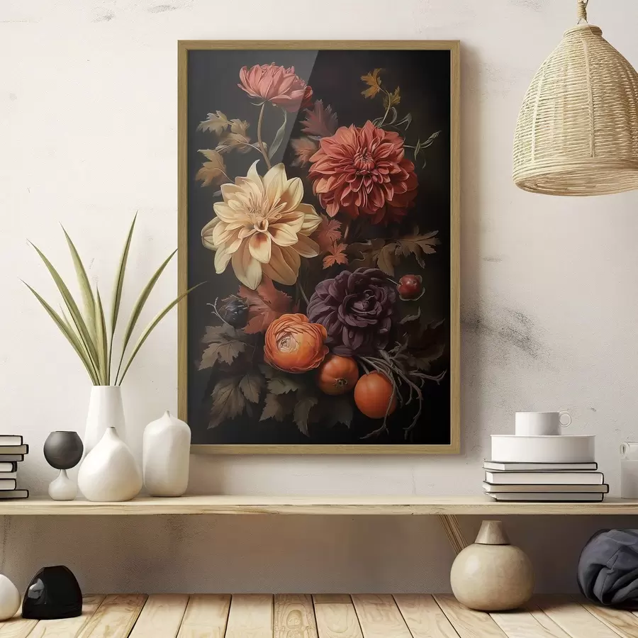 Fototapete Herbstdahlien auf dunklem Hintergrund f50909