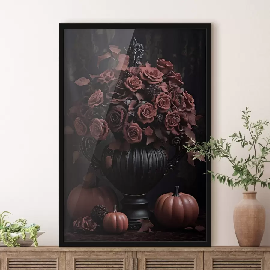 Fototapete Burgunderrote Rosen und Kürbis in einer dunklen Vase f50913