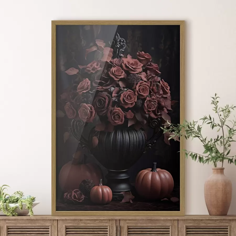 Fototapete Burgunderrote Rosen und Kürbis in einer dunklen Vase f50913