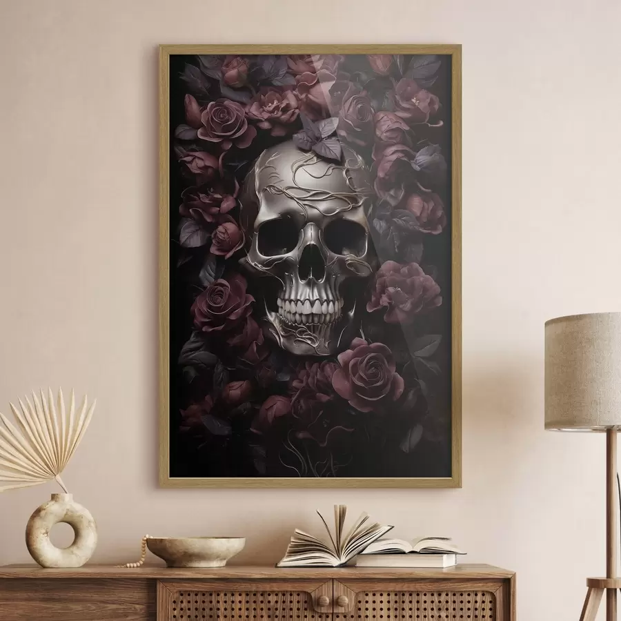 Fototapete Geheimnisvolles Schädelrelief in burgunderroten Rosen f50914