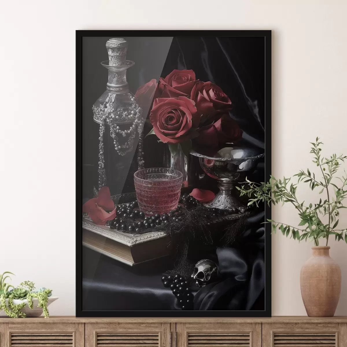 Poster Vintage-Stillleben mit Glas und Rosen f50915