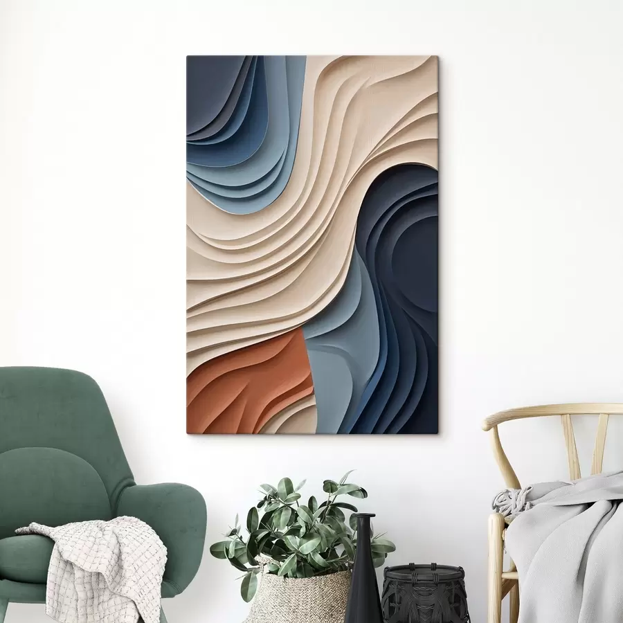 Fototapete Abstrakte, wellenförmige Farbschichten in Creme, Blau und Orange, strukturierte moderne Kunst s50949