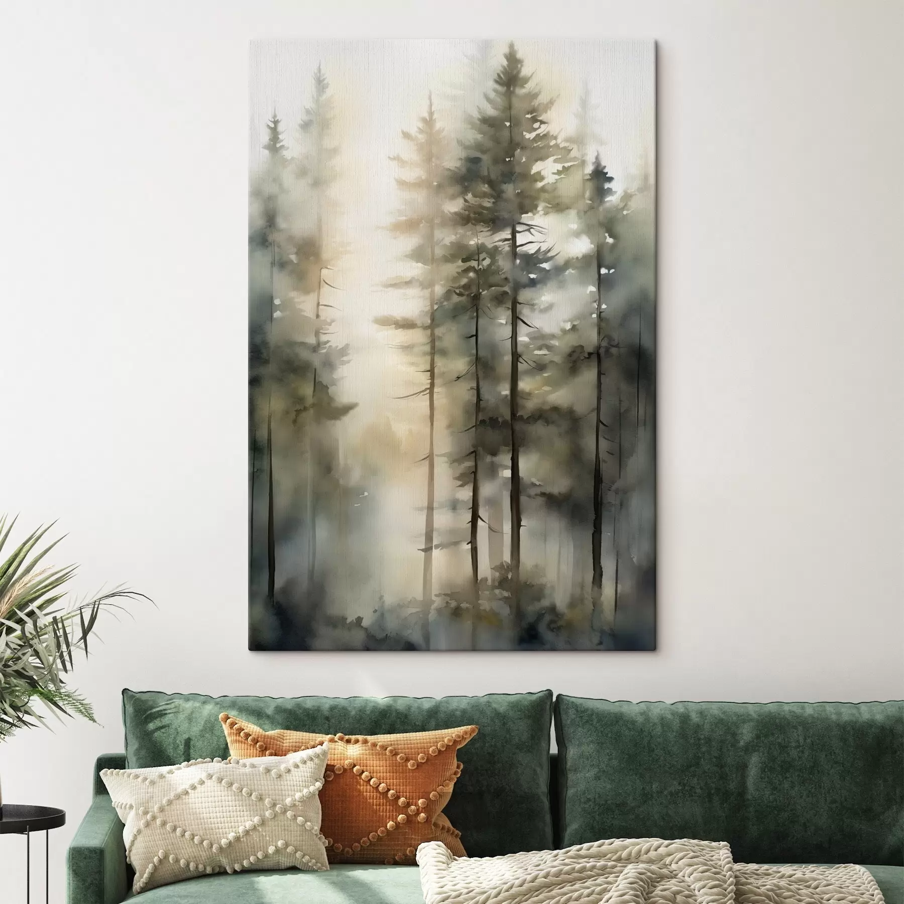 Fototapete Hohe Kiefern in einem nebligen Wald, durchflutet von sonnigem Licht s50947