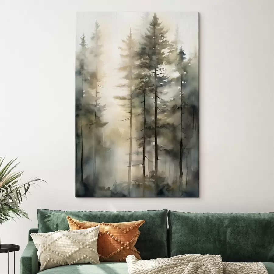 Fototapete Hohe Kiefern in einem nebligen Wald, durchflutet von sonnigem Licht s50947