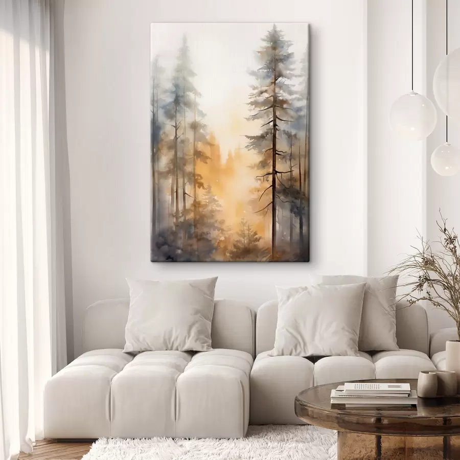 Fototapete Hohe Kiefern, Waldlandschaft in warmem orangefarbenem Licht s50959