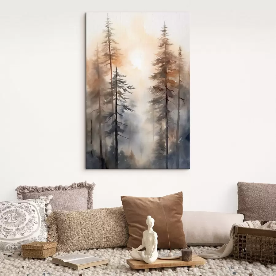 Fototapete Hohe Kiefern, Waldlandschaft in warmem orangefarbenem Licht s50960