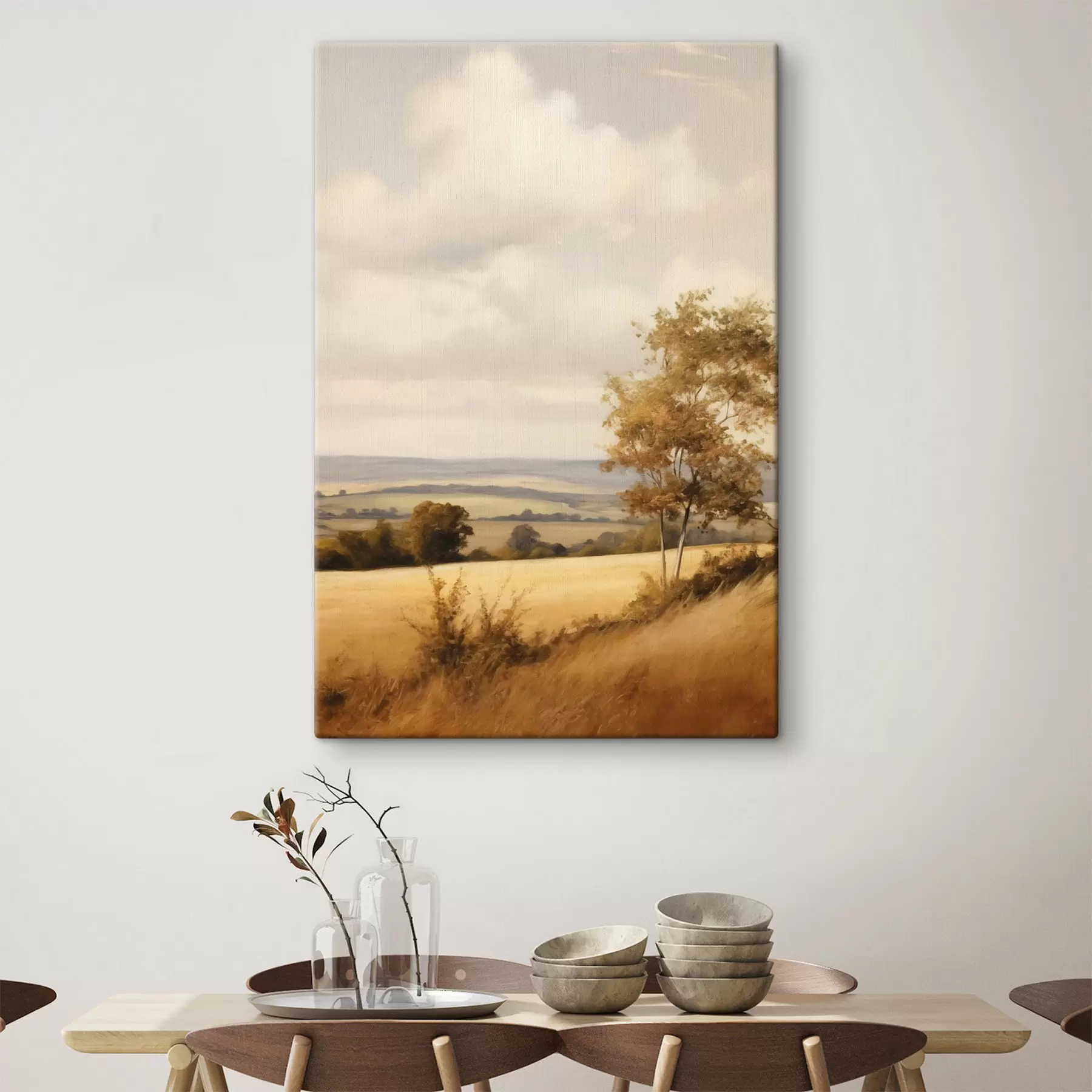 Fototapete Landschaft mit strukturierten, sanften Hügeln und Feldern, Herbstlaub, Malstil s50965