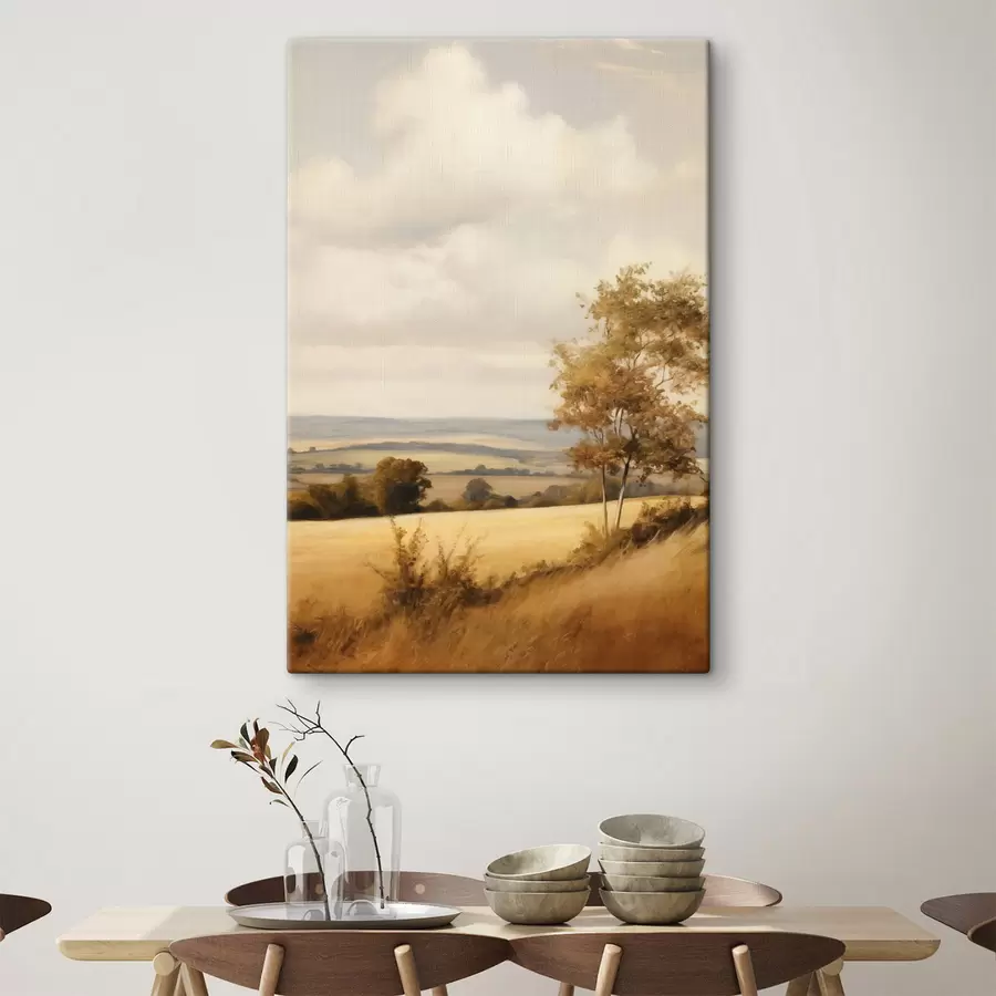 Fototapete Landschaft mit strukturierten, sanften Hügeln und Feldern, Herbstlaub, Malstil s50965