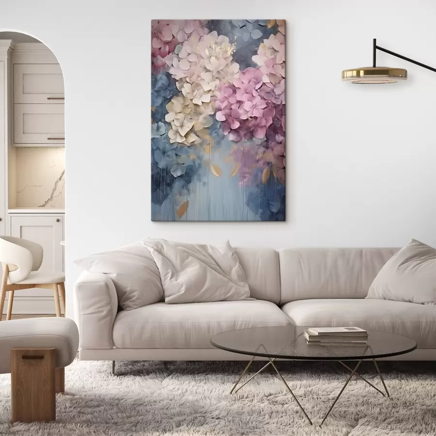 Fototapete Hortensien in Rosa-, Creme- und Blautönen mit strukturierten Blütenblättern, abstrakte Kunst s50967