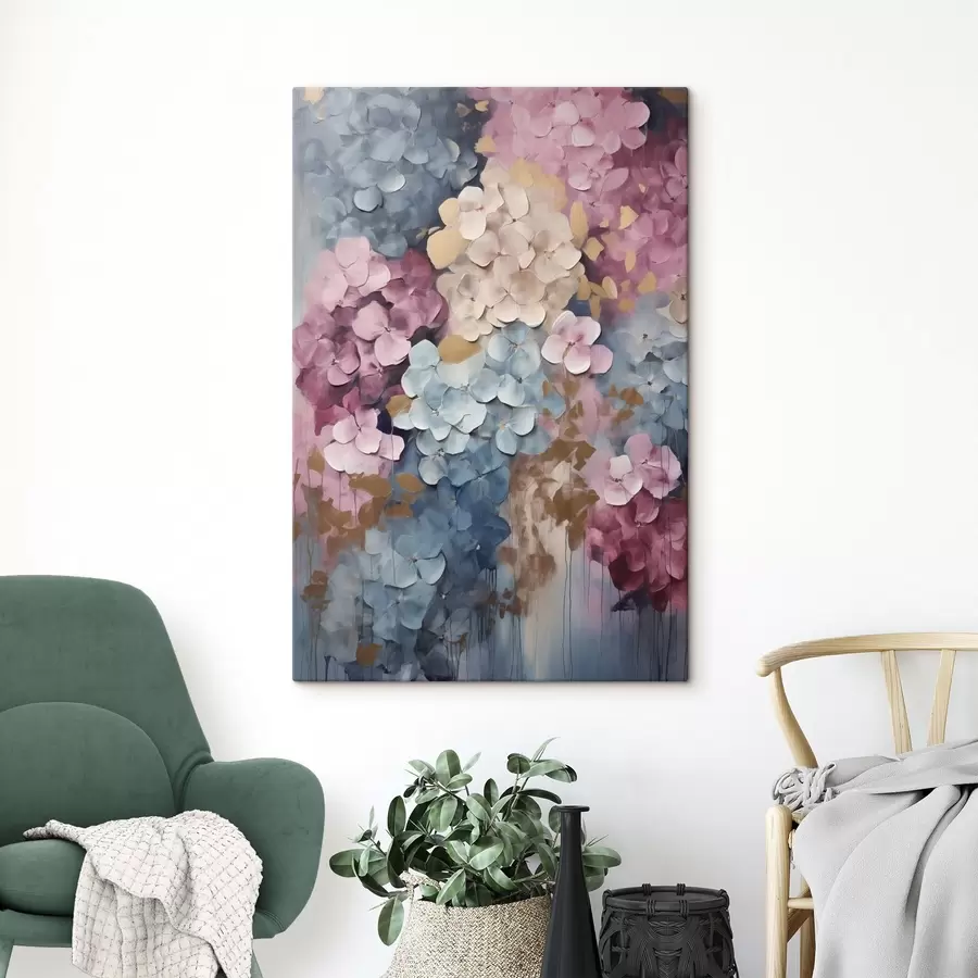 Fototapete Hortensien in Rosa-, Creme- und Blautönen mit strukturierten Blütenblättern, abstrakte Kunst s50968