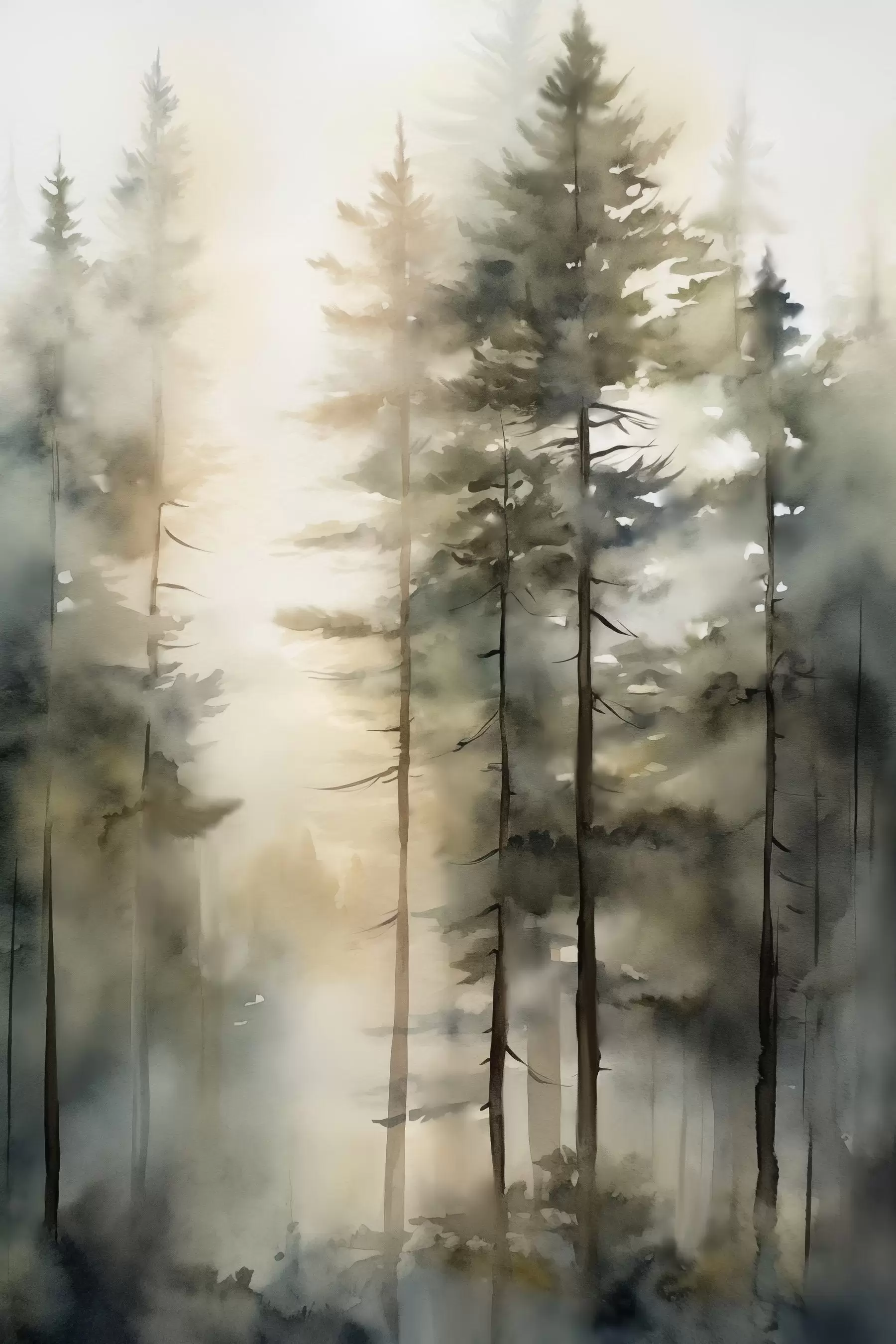 Fototapete Hohe Kiefern in einem nebligen Wald, durchflutet von sonnigem Licht f50947
