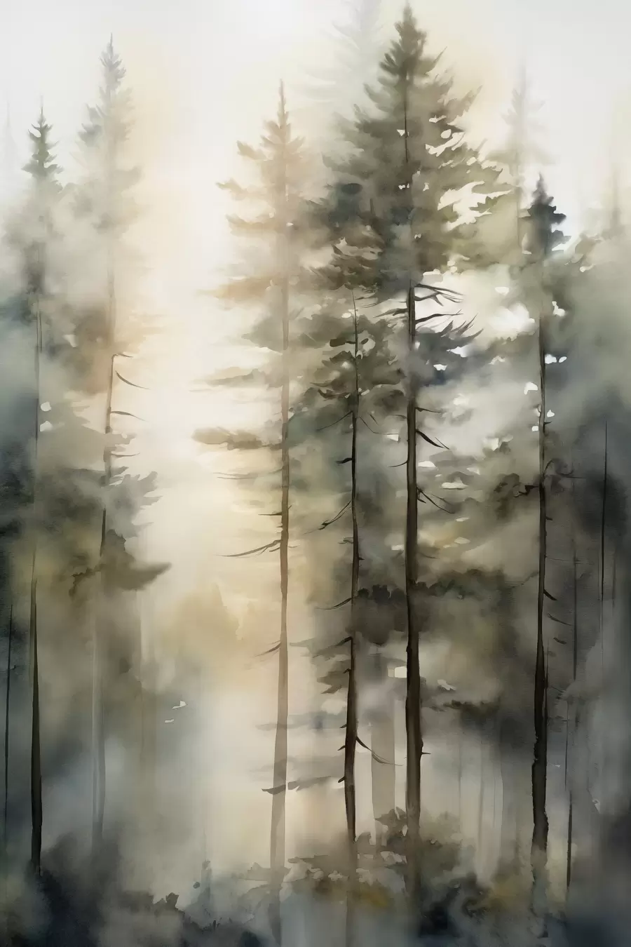 Fototapete Hohe Kiefern in einem nebligen Wald, durchflutet von sonnigem Licht f50947