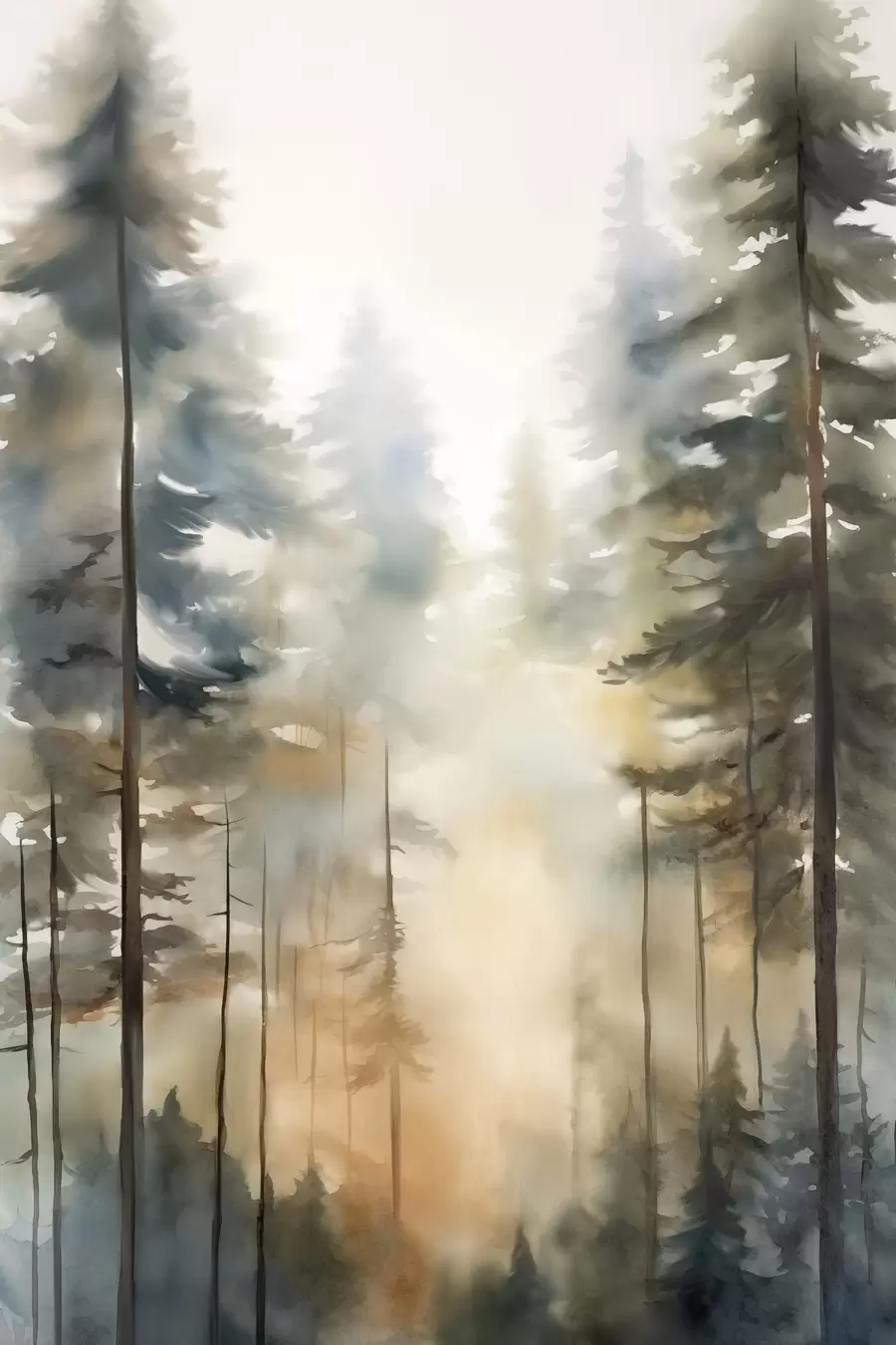 Fototapete Hohe Kiefern in einem nebligen Wald, durchflutet von sonnigem Licht f50948
