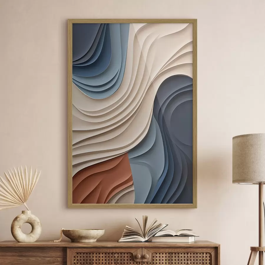 Fototapete Abstrakte, wellenförmige Schichten in Creme-, Blau- und Orangetönen, strukturierte moderne Kunst f50949