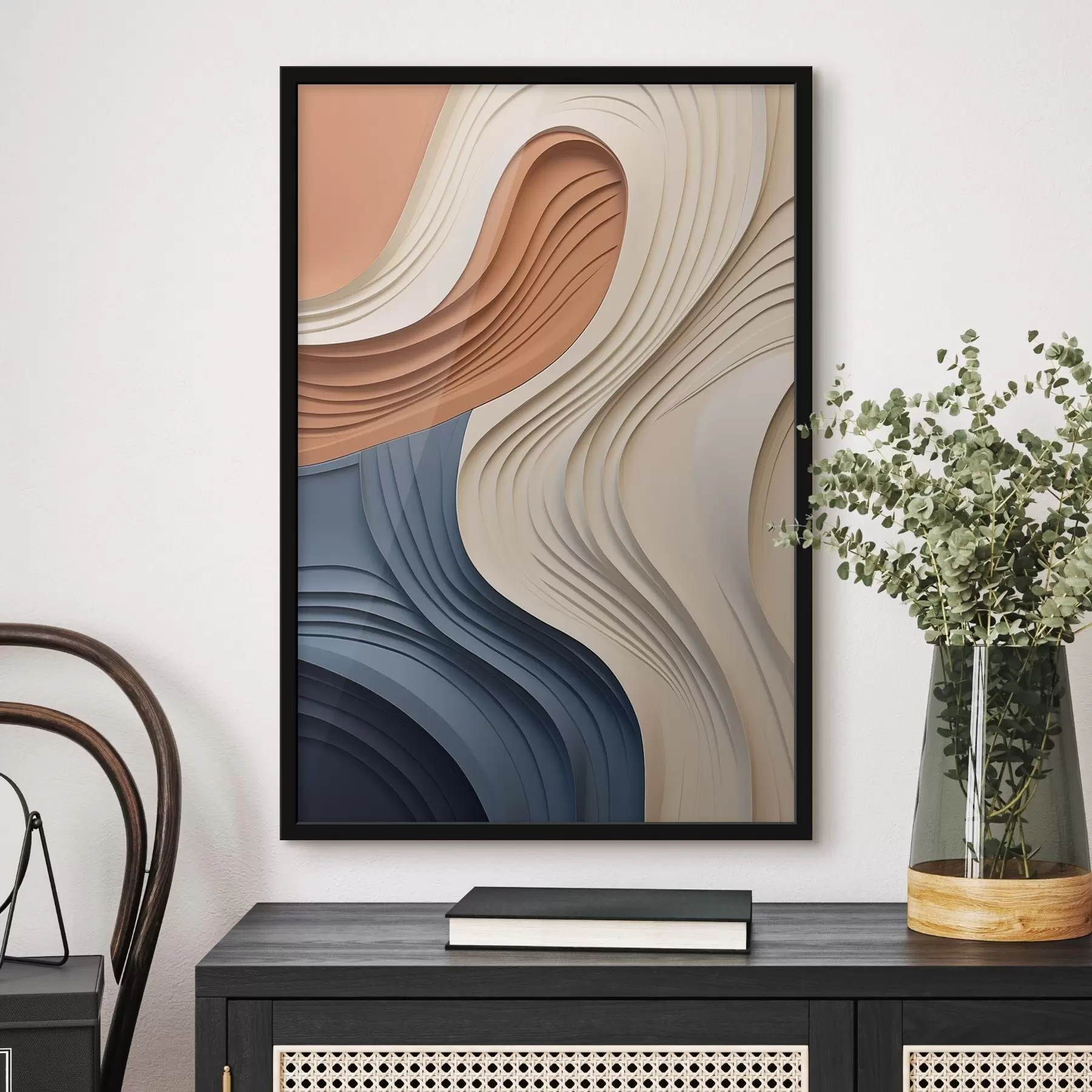 Fototapete Abstrakte, wellenförmige Schichten in Creme-, Blau- und Orangetönen, strukturierte moderne Kunst f50950
