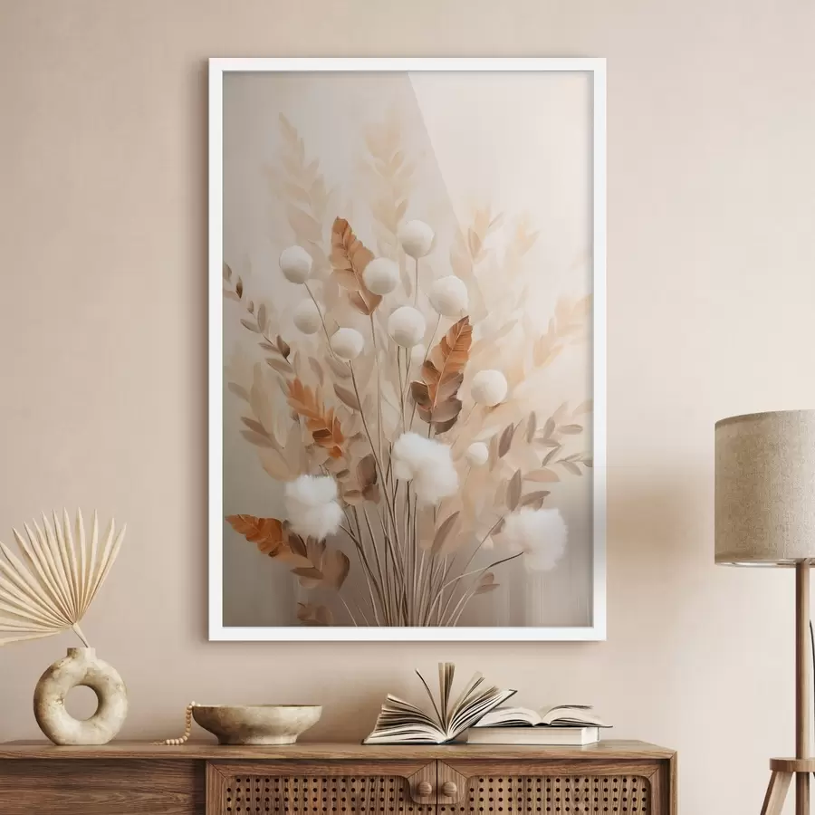 Fototapete Ein Strauß aus weißen, flauschigen Blüten und getrockneten Orangenblättern in sanften, gedeckten Farben f50951