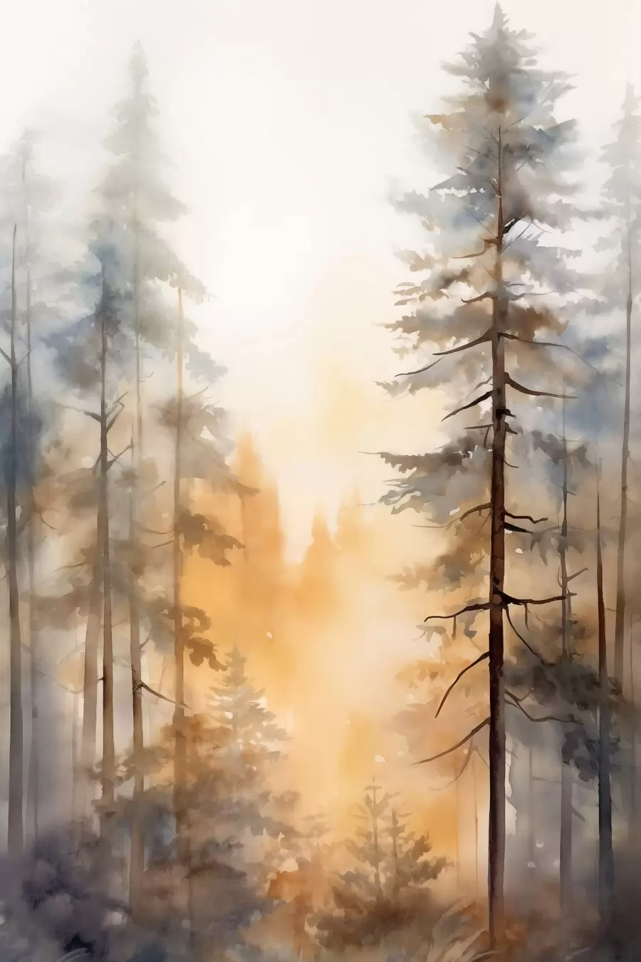 Fototapete Hohe Kiefern, Waldlandschaft in warmem orangefarbenem Licht f50959