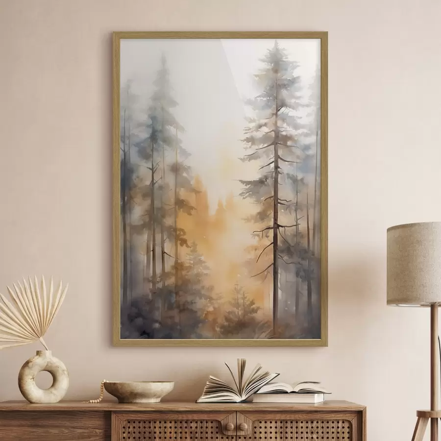 Fototapete Hohe Kiefern, Waldlandschaft in warmem orangefarbenem Licht f50959