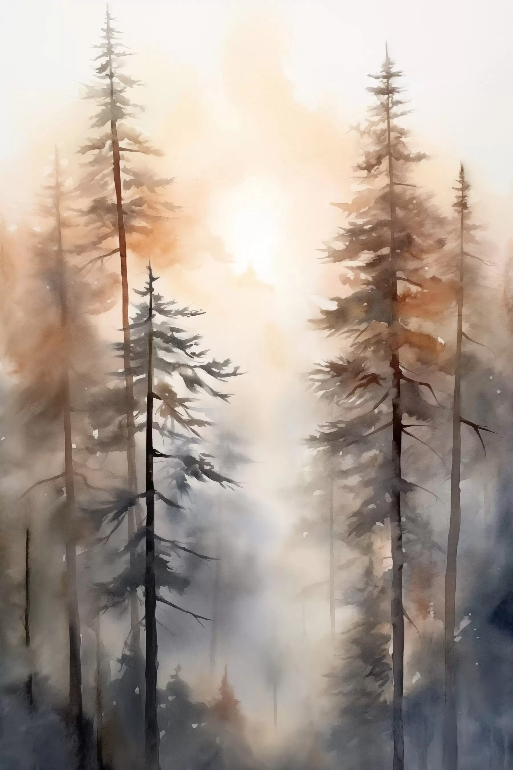 Fototapete Hohe Kiefern, Waldlandschaft in warmem orangefarbenem Licht f50960