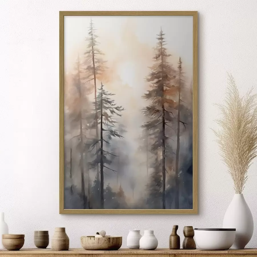Fototapete Hohe Kiefern, Waldlandschaft in warmem orangefarbenem Licht f50960