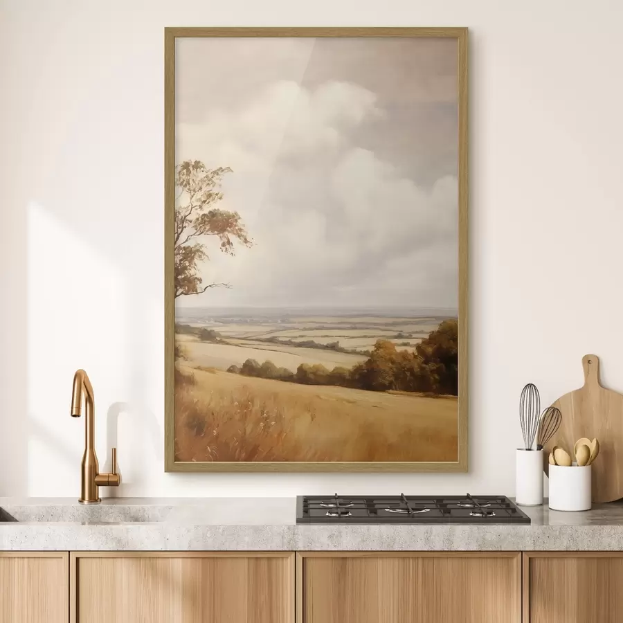 Fototapete Landschaft mit strukturierten, sanften Hügeln und Feldern, Herbstlaub, Malstil f50966