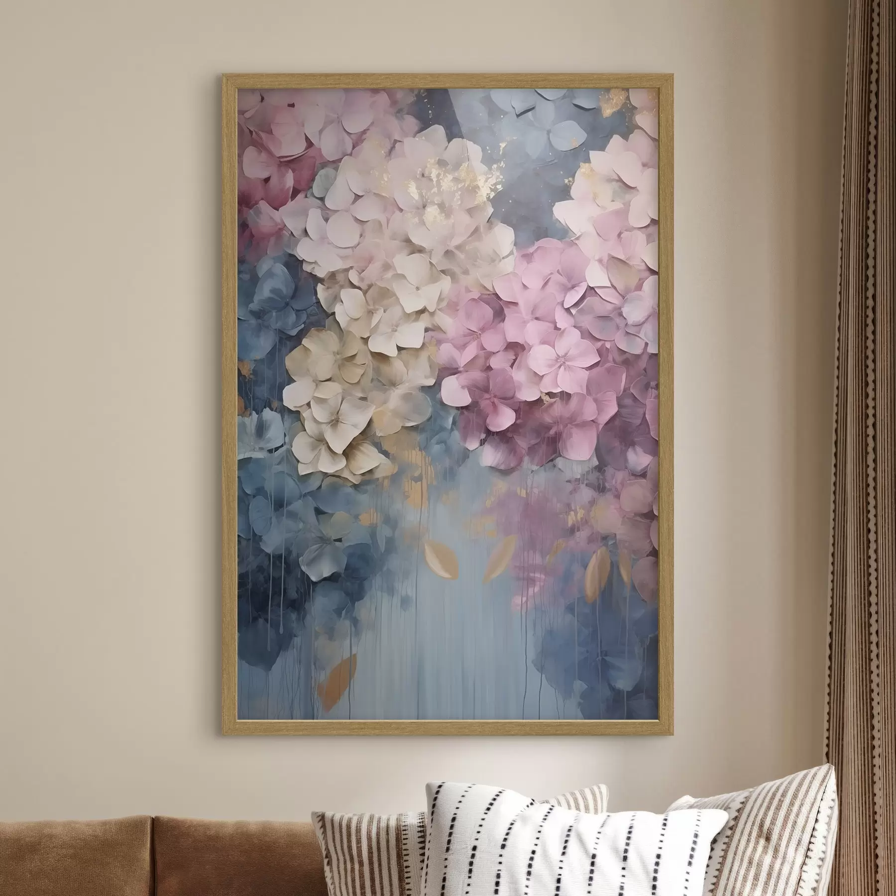 Fototapete Hortensien in Rosa-, Creme- und Blautönen mit strukturierten Blütenblättern, abstrakte Kunst f50967