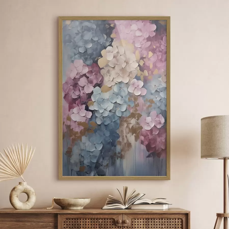 Fototapete Hortensien in Rosa-, Creme- und Blautönen mit strukturierten Blütenblättern, abstrakte Kunst f50968
