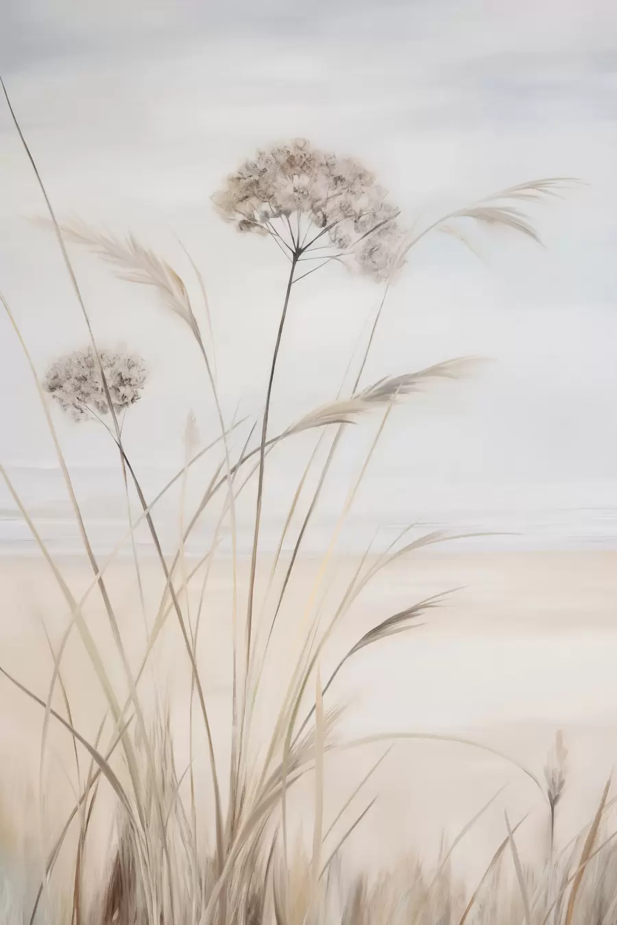 Fototapete Hohes, trockenes Gras und Blumen in gedeckten Beige- und Weißtönen, weicher, unscharfer Hintergrund f50973