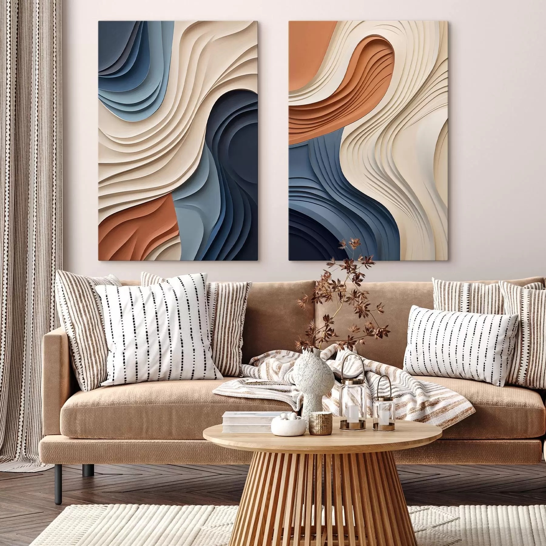 Fototapete Abstrakte, wellenförmige Schichten in Creme-, Blau- und Orangetönen, strukturierte moderne Kunst m31041
