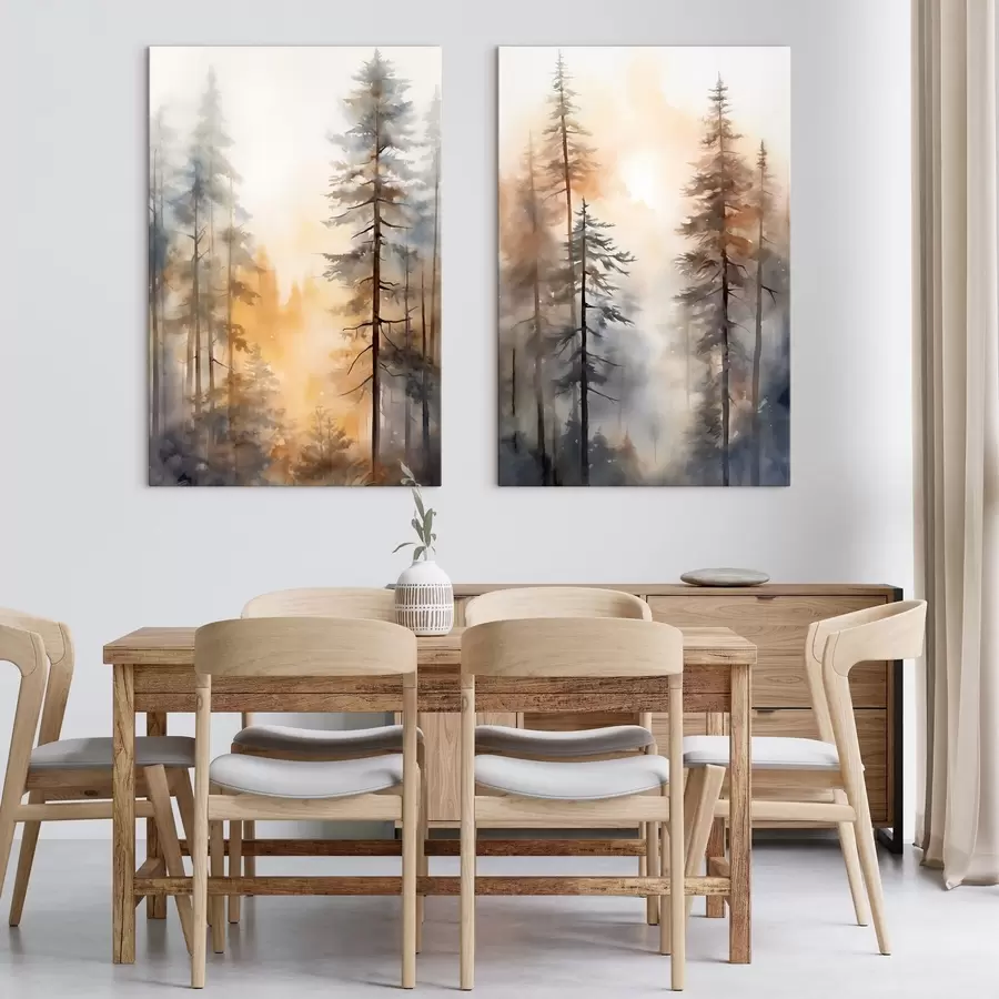 Fototapete Hohe Kiefern, Waldlandschaft in warmem orangefarbenem Licht m31046