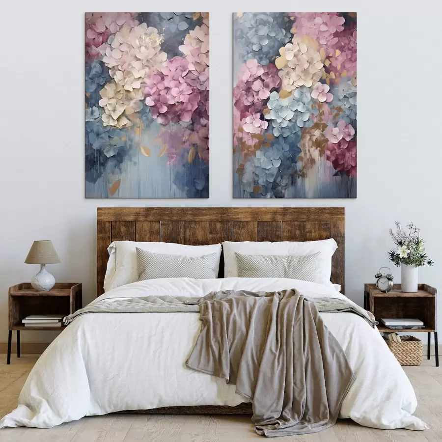 Fototapete Hortensien in Rosa-, Creme- und Blautönen mit strukturierten Blütenblättern, abstrakte Kunst m31050