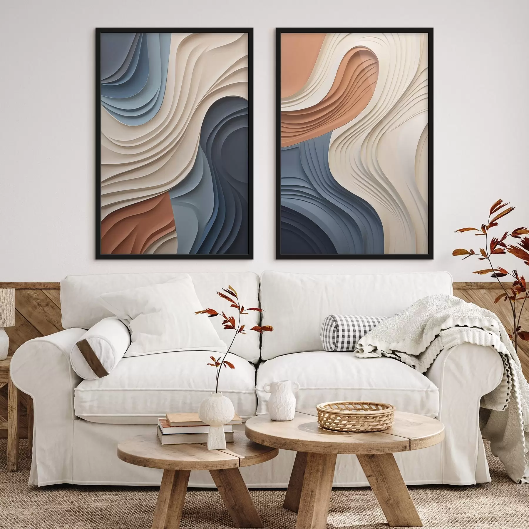 Fototapete Abstrakte, wellenförmige Schichten in Creme-, Blau- und Orangetönen, strukturierte moderne Kunst d31041