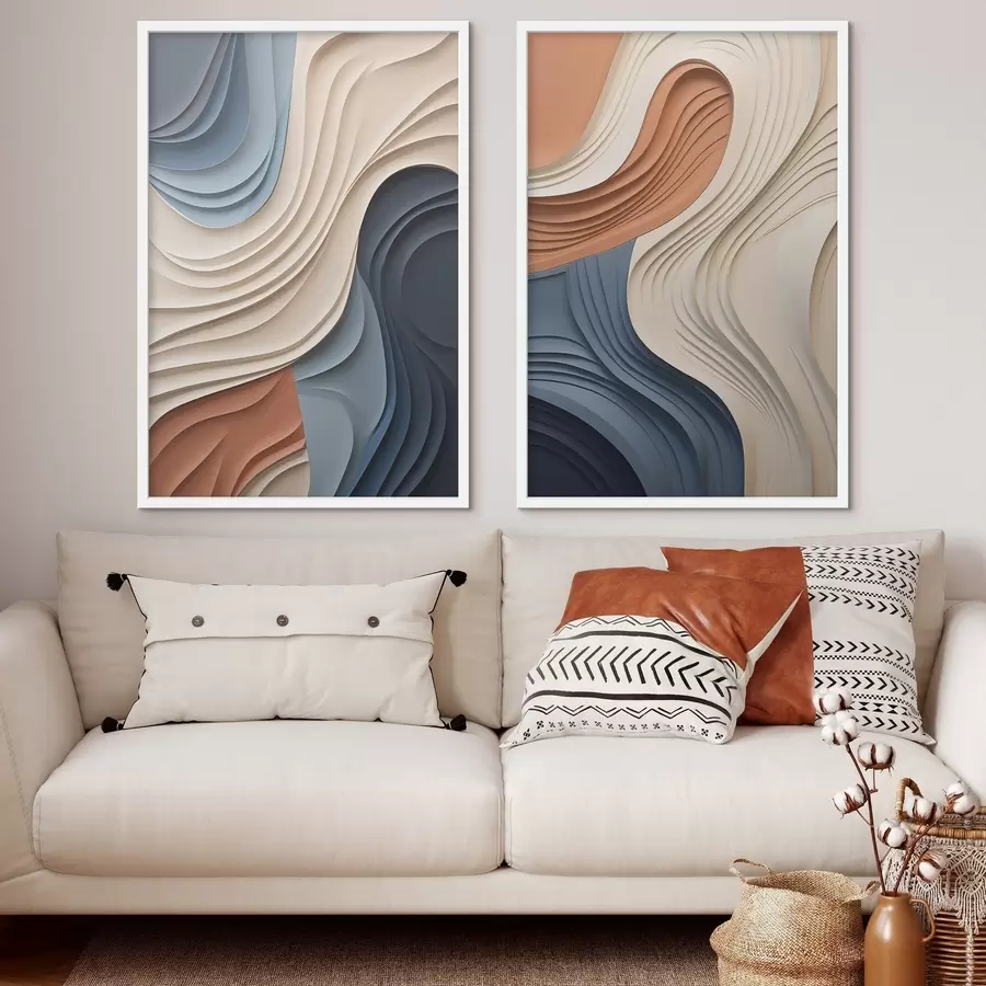 Fototapete Abstrakte, wellenförmige Schichten in Creme-, Blau- und Orangetönen, strukturierte moderne Kunst d31041
