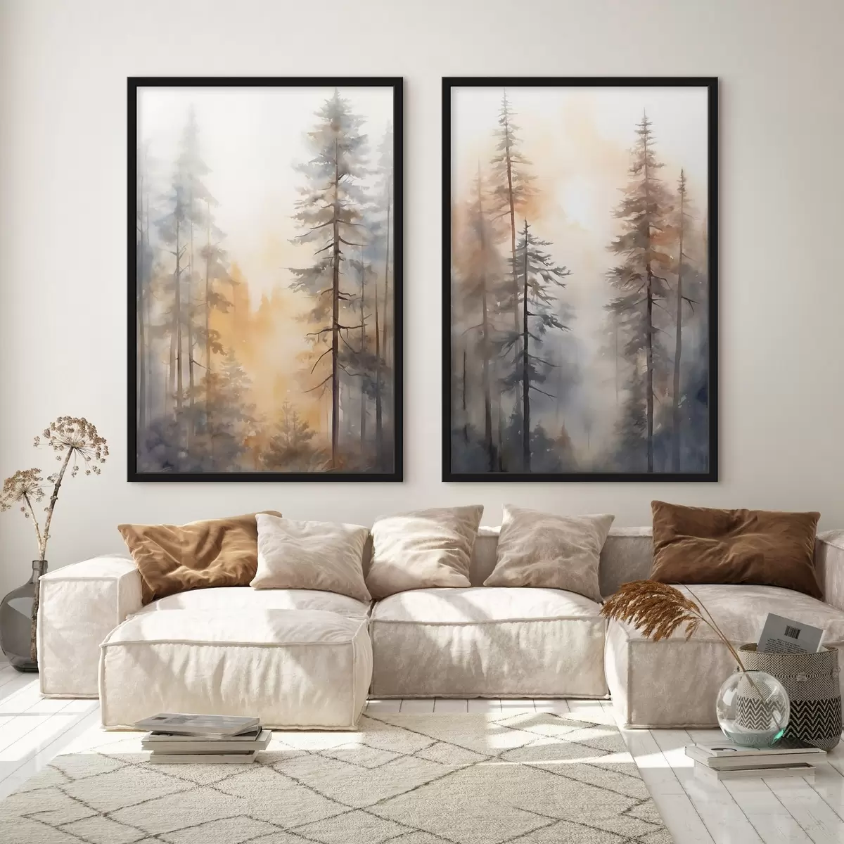 Poster Hohe Kiefern, Waldlandschaft in warmem orangefarbenem Licht d31046