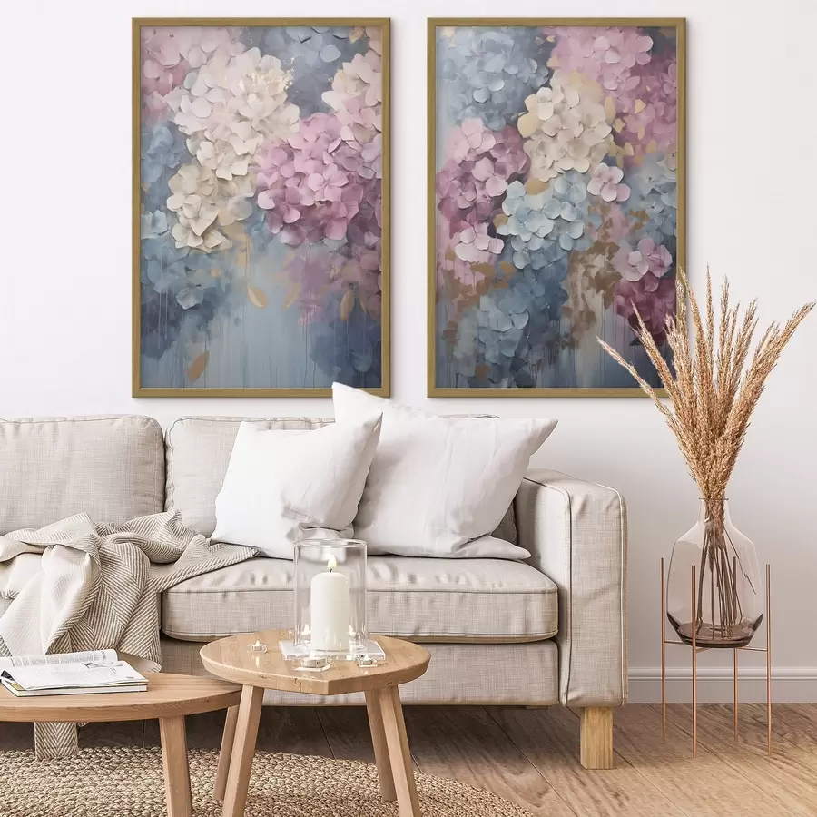 Fototapete Hortensien in Rosa-, Creme- und Blautönen mit strukturierten Blütenblättern, abstrakte Kunst d31050