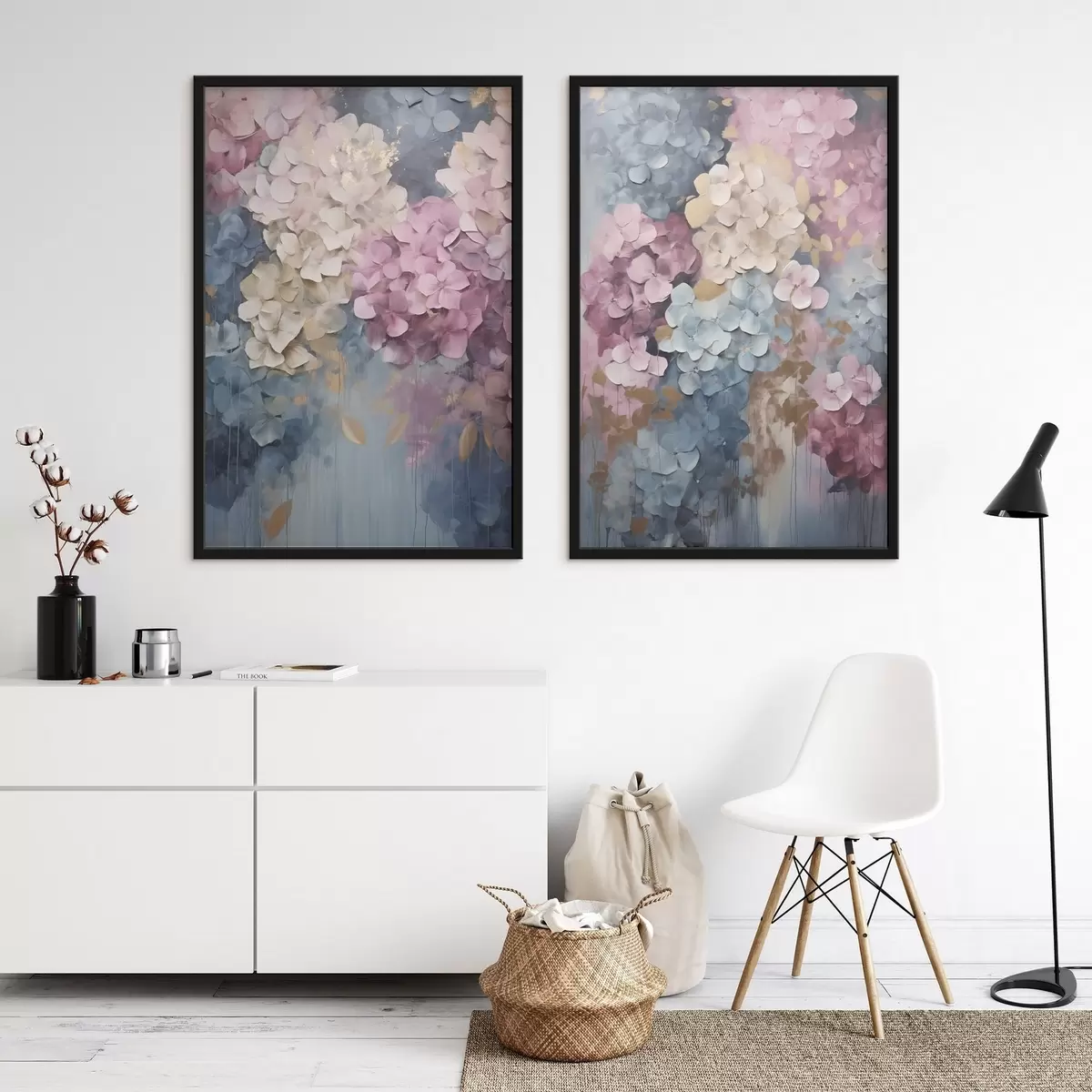 Poster Hortensien in Rosa-, Creme- und Blautönen mit strukturierten Blütenblättern, abstrakte Kunst d31050