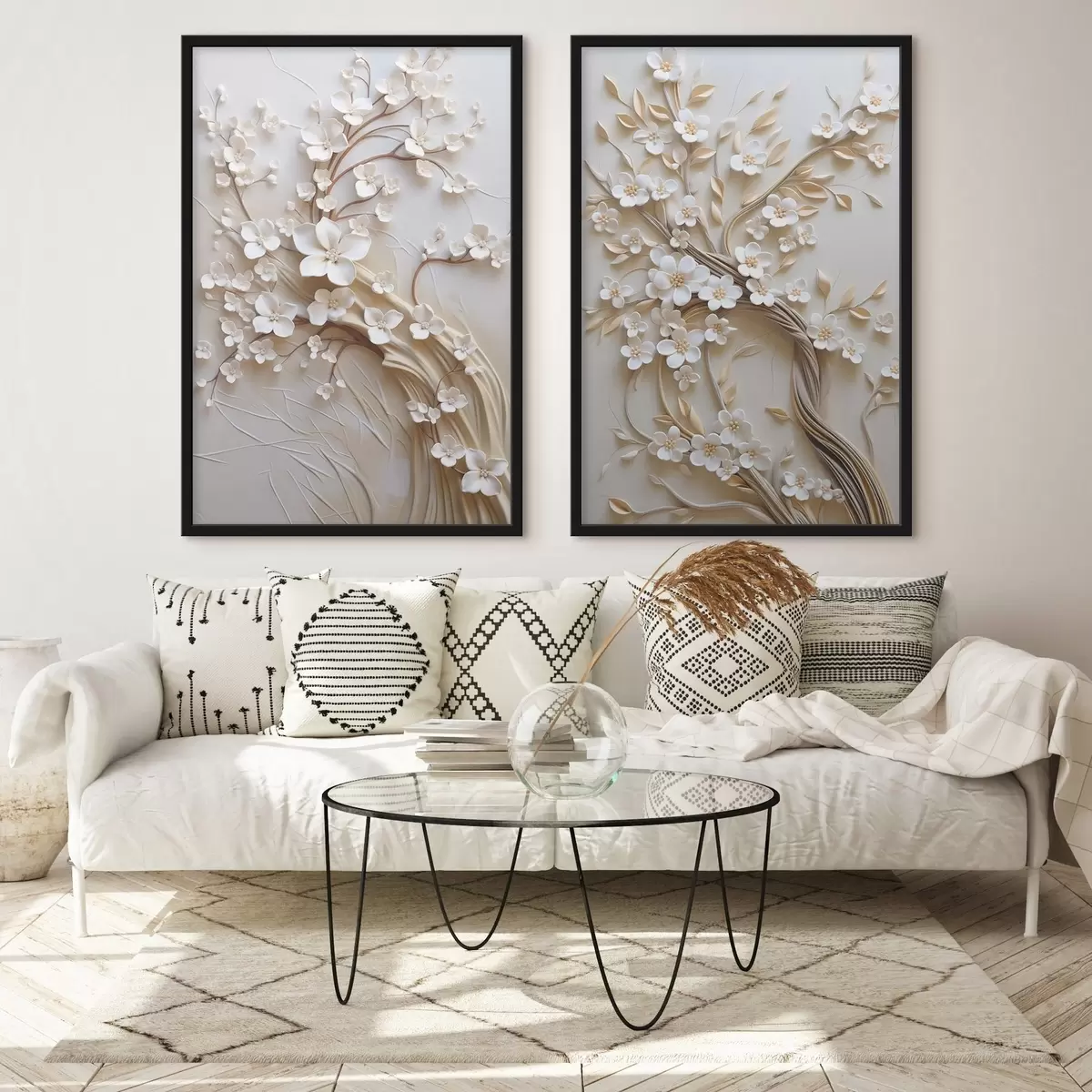 Poster Baum mit weißen Blüten und braunen Stielen, hellbeiger Hintergrund mit strukturierten Wirbelmustern d31052