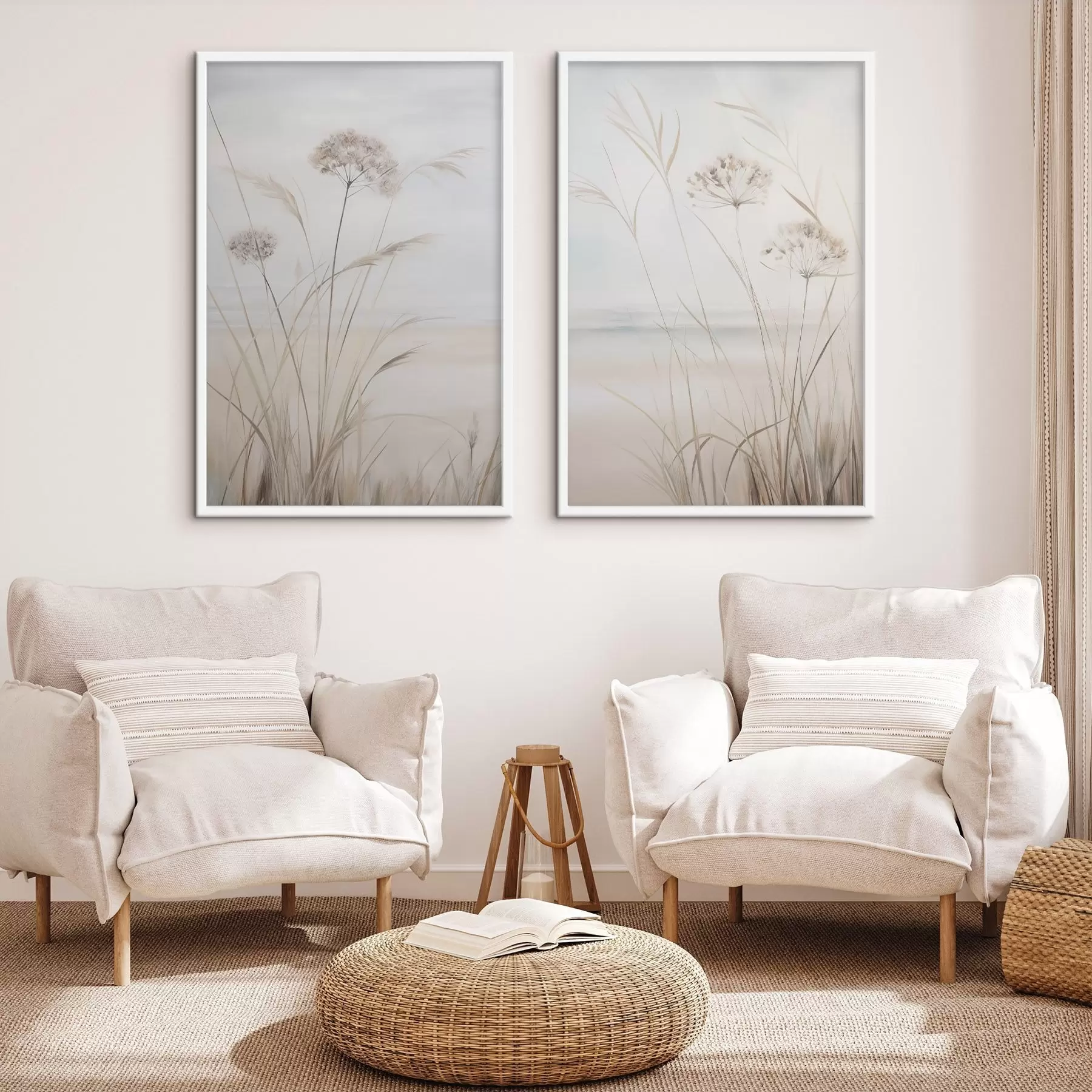 Fototapete Hohes, trockenes Gras und Blumen in gedeckten Beige- und Weißtönen, weicher, unscharfer Hintergrund d31053