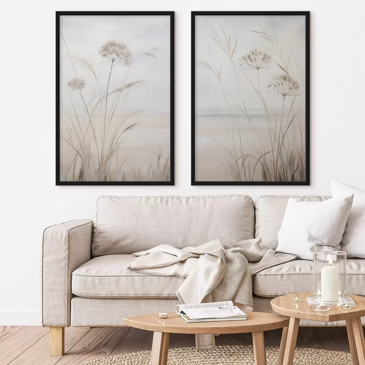 Poster Hohes, trockenes Gras und Blumen in gedeckten Beige- und Weißtönen, weicher, unscharfer Hintergrund d31053