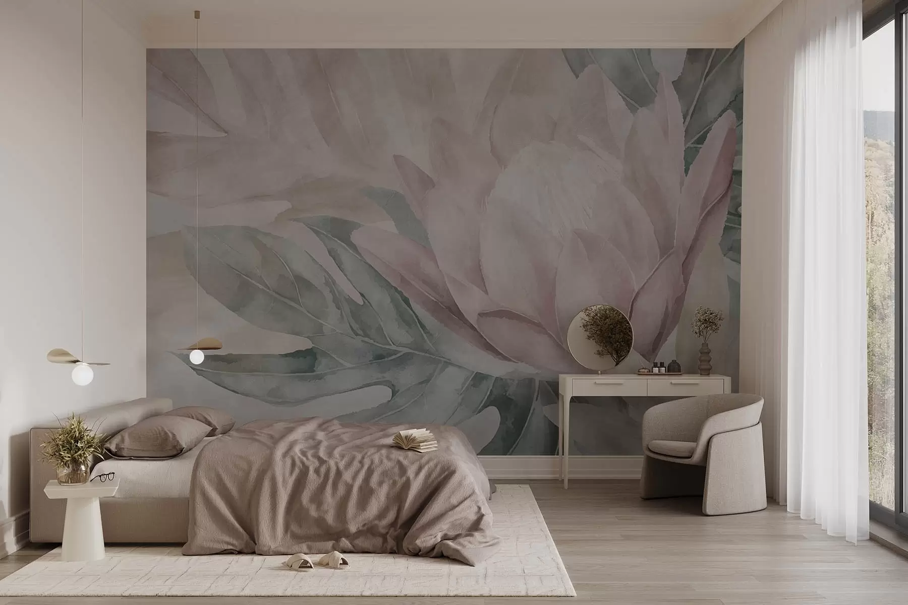 Fototapete Protea und tropische Blätter w09988